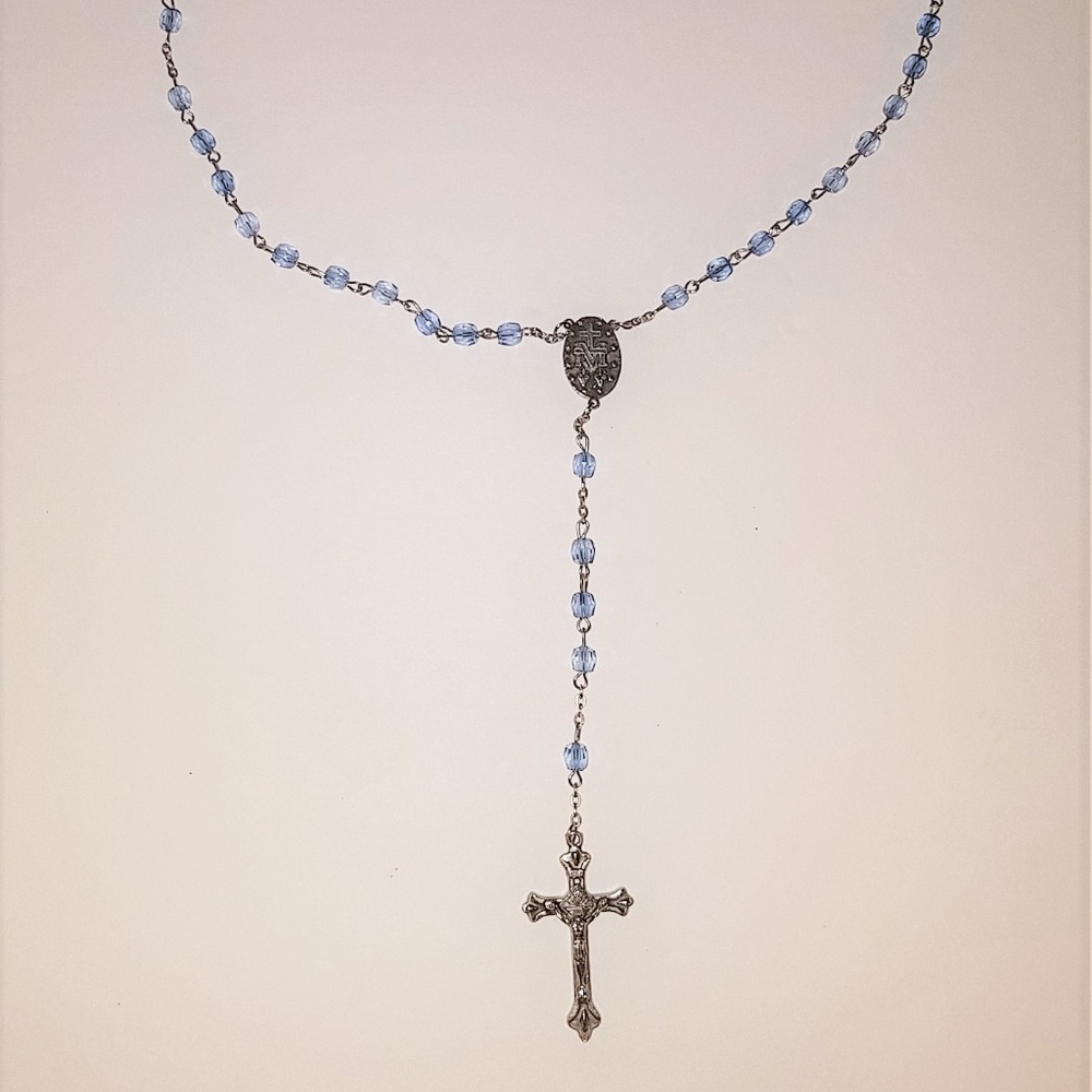 Blue Beaded and Silver Rosary Cross Necklace